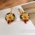 Chinese style enamel hoop earrings with colorful floral design and red teardrop pendant - T2414 Style / Multi-layer Petal Red Drop