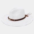 Detailed close-up of white straw sun hat with ethnic brown band and gold feather charm - One Size (56-59cm) / White
