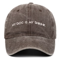 Close-up of MY DOG IS MY SHRINK embroidery on vintage washed cotton baseball cap - Coffee
