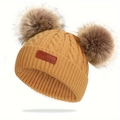 Detailed knit texture and brown leather label on mustard yellow double pom beanies - Yellow
