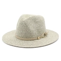 Classic Panama hat in light beige straw with leather band and gold buckle on white background - M(56-58cm) / Pottery Green