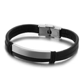 Men's double-layer black leather bracelet with curved brushed stainless steel plate - Steel Color (KB147005-KFC)