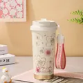 Λευκό θερμός Sakura 550ml με ροζ ιμάντα μεταφοράς και χρυσά λουλουδάτα σχέδια - 550ml / Χρυσή Κερασιά