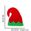 Detail view of red and green elf hat with bells and size dimensions 36.5x29.5cm - A9 Elf Hat with Bells