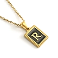 18K gold plated stainless steel necklace with rectangular black enamel letter R pendant - Letter R (Includes Chain)