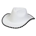 Classic white wool wide brim cowboy hat with black wavy trim details on the edge - M (56-58cm) / White