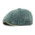 Vintage washed blue denim newsboy cap with classic retro texture and side metal buckle - One Size (55-60cm Adjustable) / Vintage Dark Blue