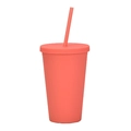 Matte coral pink 16oz double-wall plastic tumbler with matching lid and straw - 450ml / Orange Red G