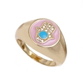 Adjustable gold plated Hamsa ring with pink enamel and sparkling blue gemstone accents - Adjustable / Pink