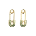 Gold pin-shaped earrings with inlaid green gemstones on a clean white background - Safety Pin With Green Zirconia / Gold