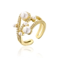 Dettaglio anello placcato oro 18K con perle irregolari e zirconi cubici incastonati - Aperto Regolabile / Oro (12296)
