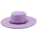 Detail of purple wool felt fedora featuring a brown leather decorative band and metal buckle - M (56-58cm) / Taro Purple