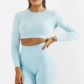 Set yoga a due pezzi azzurro senza cuciture con crop top e leggings a vita alta - M / Celeste