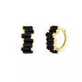 Detailed macro view of gold-plated hoop earrings featuring emerald-cut black gemstones - Gold with Black Baguette Zircon Hoop (Silver Earring Post)
