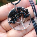 Handmade tree of life pendant with black natural stone and silver wire wrap - Obsidian
