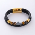 Men's double-layered braided leather bracelet with tiger eye stones and cross charm - Brown Beads