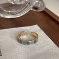 Elegant adjustable gold ring with blue and grey checkered enamel drip glaze patterns - Adjustable Open / Blue and Grey Checkered Enamel Style (J2590)