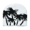 Plush faux mink knitted beanie for women featuring a black coconut tree jacquard pattern - M(56-58cm) / Black and White