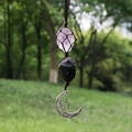 Handmade woven raw stone car pendant with pink crystal and silver star moon charms - Amethyst + Black Tourmaline (Brown Rope)
