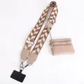 Adjustable beige woven crossbody strap with matching small zipper pouch and phone patch - Khaki Herringbone
