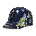 Detailansicht von Vintage-Blumendruck und Stickerei auf dunkelblauer Baumwollkappe - Einheitsgröße / Marineblau