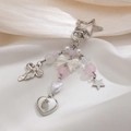 Pink and white beaded keychain with bow charms and heart cat pendant on silk background - Pink White Cat Heart