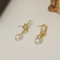 Minimalist gold knotted earrings with natural freshwater pearl pendants for women - 925 Silver Needle / 14K Gold