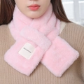 Plush pink faux rabbit fur cross-neck scarf featuring a decorative SELF SERVICE label - Pink