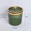 Dark green glass cotton swab jar with golden lid and vertical texture 10.4cm size - Round Bead Handle / Light Green