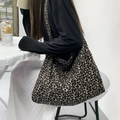 Fashionable leopard print corduroy tote bag with large capacity for women - With Lining And Zipper / Brown Leopard