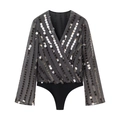 Elegant black long sleeve V-neck bodysuit with shimmering sequin embellishments - S / Black