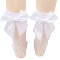 Close-up of girls white mesh socks featuring a large satin bow on the ankle - One Size (Parent-Child) / White Fishnet / White Bow