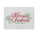 Close-up of linen placemat featuring Merry Christmas print with red stars and green scrolls - CD092-5 Scroll Pattern