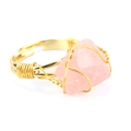 Detailed close-up of handmade gold wire-wrapped pink raw quartz stone adjustable ring - Adjustable Open / Rose Quartz