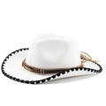 Close-up of white wool western hat with black stitched edge and brown feather strap - M(56-58cm) / White Black Edge
