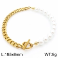 Elegante bracciale con maglia cubana dorata e perle bianche, chiusura OT, 195mm - Bracciale in Oro (KB188834-Z)
