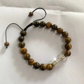 Tiger eye stone bead bracelet with silver barbell charm and adjustable black cord - Braided Tiger Eye Silver
