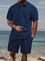 Herren-Freizeitset aus dunkelblauem Polohemd und Shorts mit geometrischer Textur für Strand - S / Oberteil Und Unterteil / Marineblau