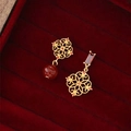 Vintage gold asymmetric earrings with hollow floral design and deep red gemstones - Silver Pin Gold Red (HE30334)
