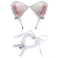 Détail de l'ensemble serre-tête oreilles de chat en peluche et collier à clochette - Ensemble Chat Dentelle Blanche Grosse Cloche / Blanc/Intérieur Rose