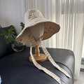 Wide brim yellow checkered sun hat with floral embroidery and adjustable neck ties - Embroidered Orange