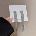 Silver fringe tassel drop earrings with sparkling rhinestones for a minimalist look - Silver Fringe Full Diamond Tassel (E0033)