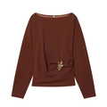 Dark brown off-shoulder long sleeve top with gold ring buckle and side pleats - S / Amber Top