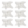 Set of 6 white pillow gift boxes with elegant silver ribbon bows on white background - White + White Gauze Ribbon