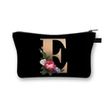 Black polyester dumpling cosmetic bag with a golden floral letter E print and zipper - Letter E
