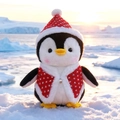 Plush penguin doll wearing a red Christmas vest and hat with snowflake and bell detail - Red Small Snowflake Clothes Style / 26cm
