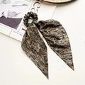 Brown snakeskin pattern hair scrunchie with long ribbon scarf over magazine background - 8# Brown Snake