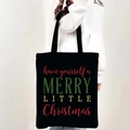 Borsa tote in tela nera con scritte natalizie Merry Little Christmas colorate - Stile 04-Passa un felice piccolo Natale / Nero
