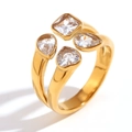 18K gold plated double layer open ring with heart and teardrop zirconia stones - US 6 / Double Layer Heart Geometric Zircon Open Ring - Gold White