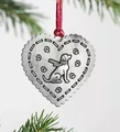 Silver heart metal ornament with dog wearing scarf engraving and red ribbon detail - Heart Dog